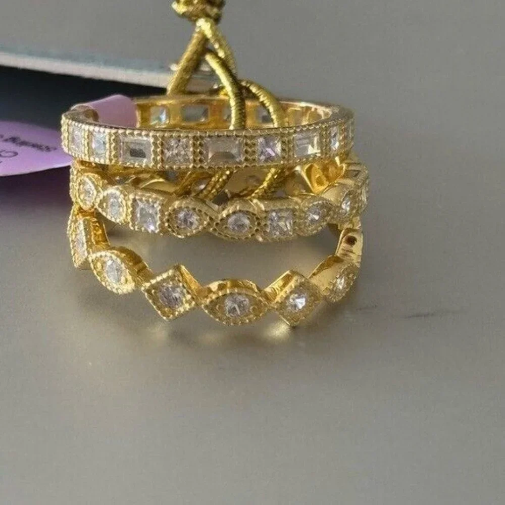 Set of 3 Rings Gold Plated 925 Sterling Silver Rings CZ Sones Sz. 9